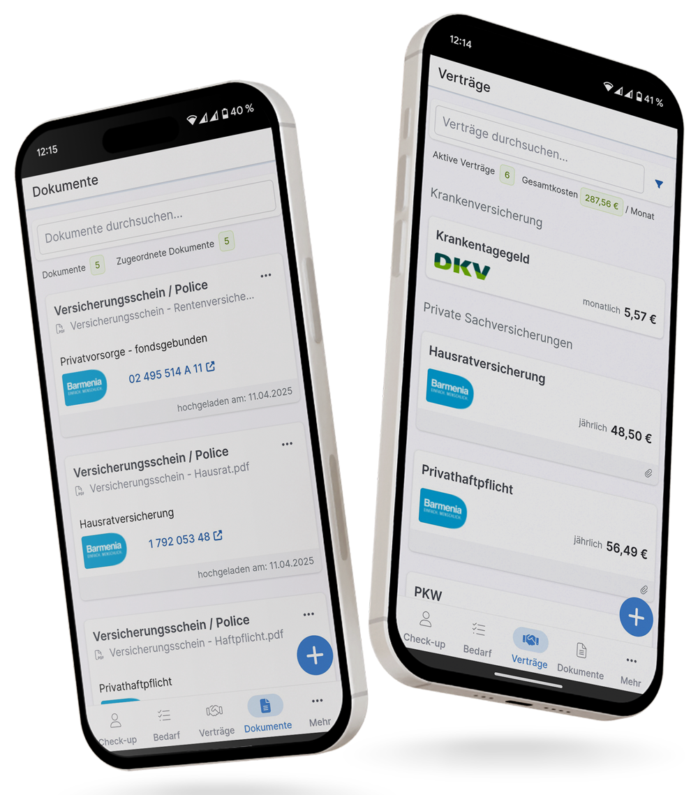 Zwei Smartphones zeigen Vertrags- und Dokumentenübersicht in der Versicherungs-App von Versicherungs Felix.
