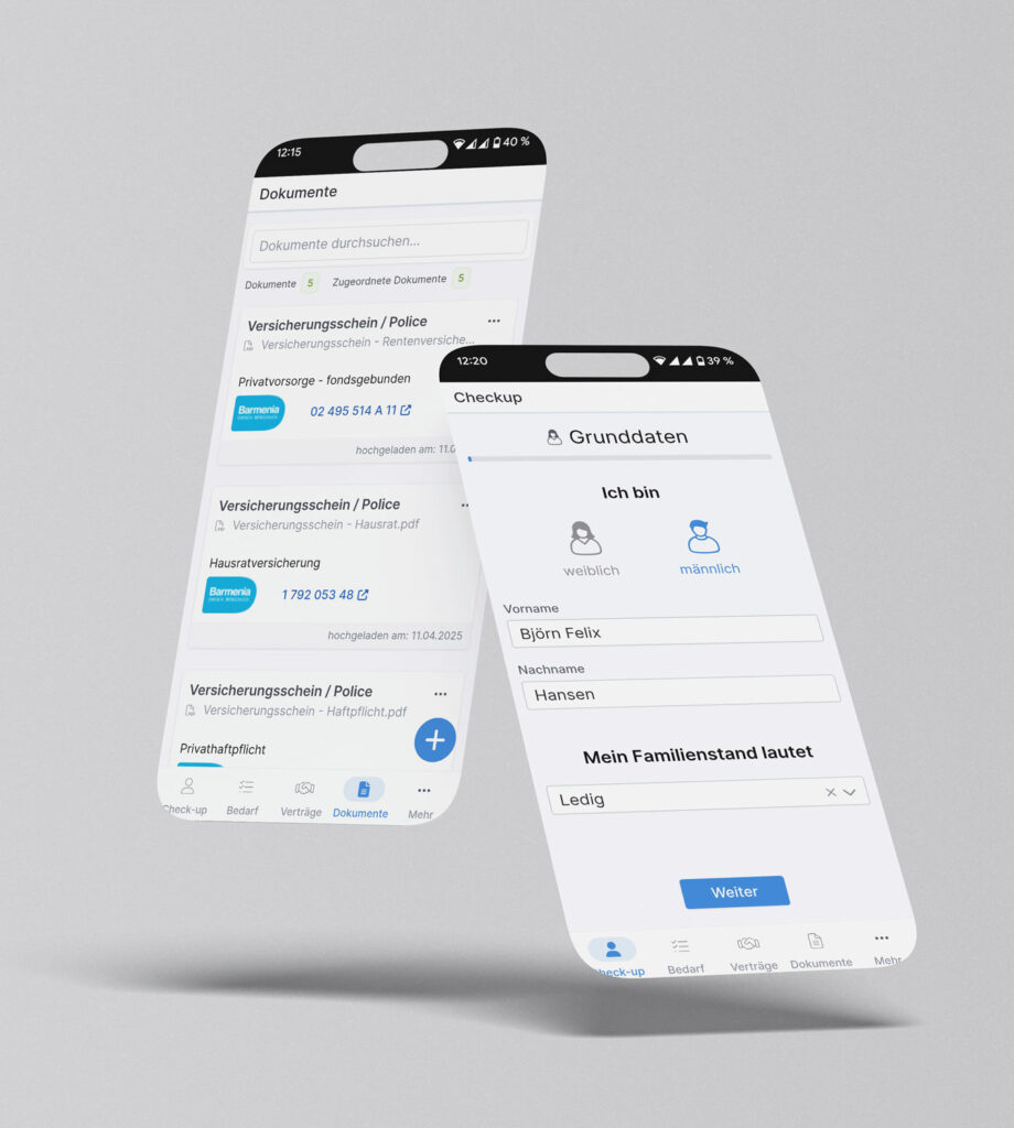 Zwei Smartphone-Ansichten der Versicherungs-App zeigen Dokumente und digitale Erfassung von Kundendaten.